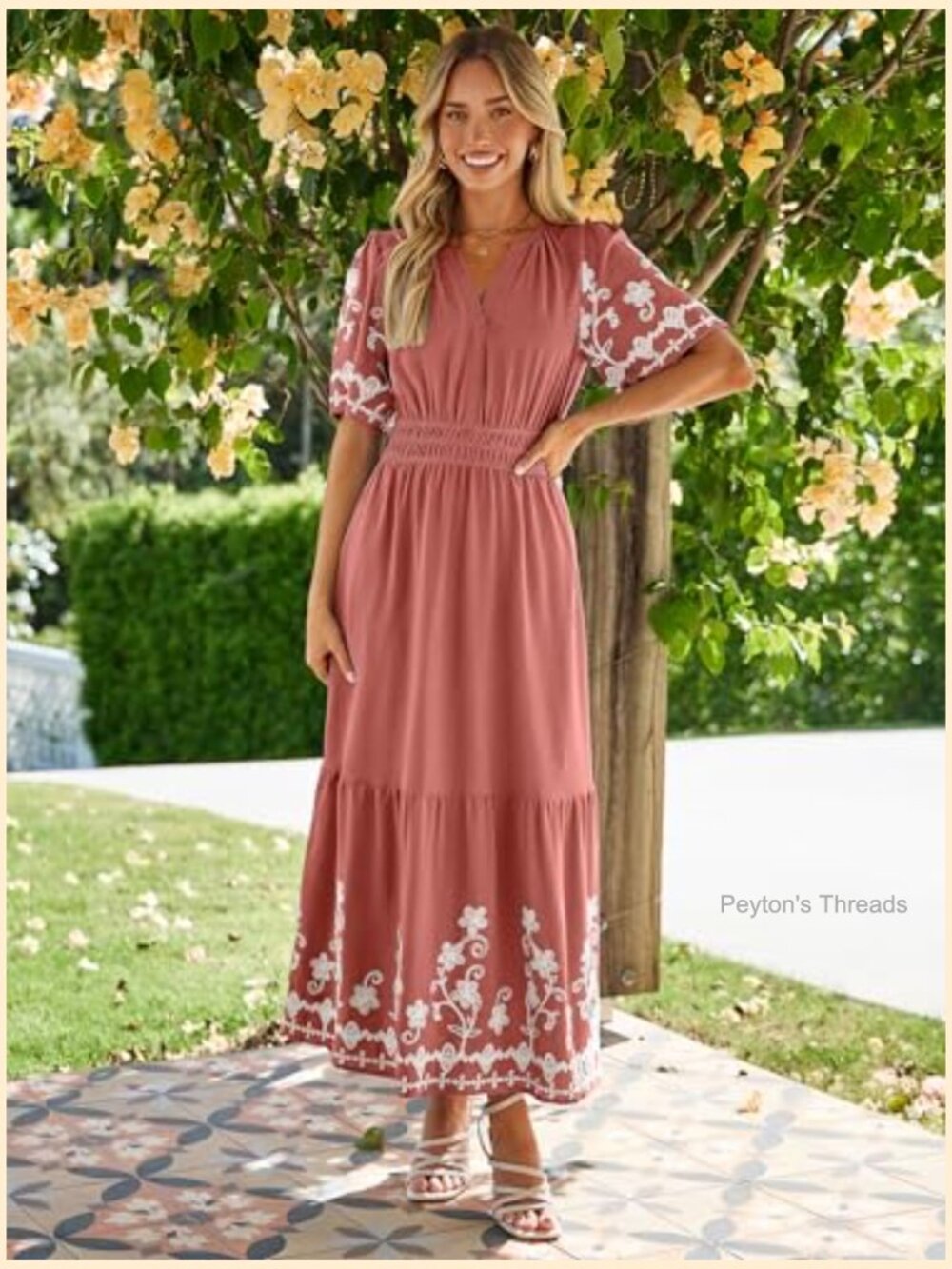 Women's Embroidered Floral Boho Maxi Dress V-Neck Short Sleeve A-Line - Picture 7 of 7